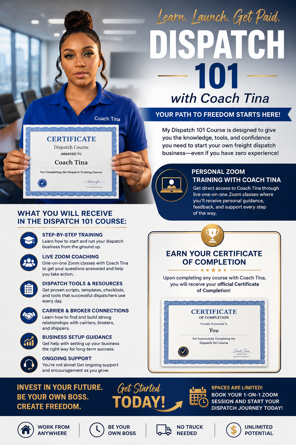 Dispatch 101 with Coach Tina — 1-on-1 Zoom training flyer